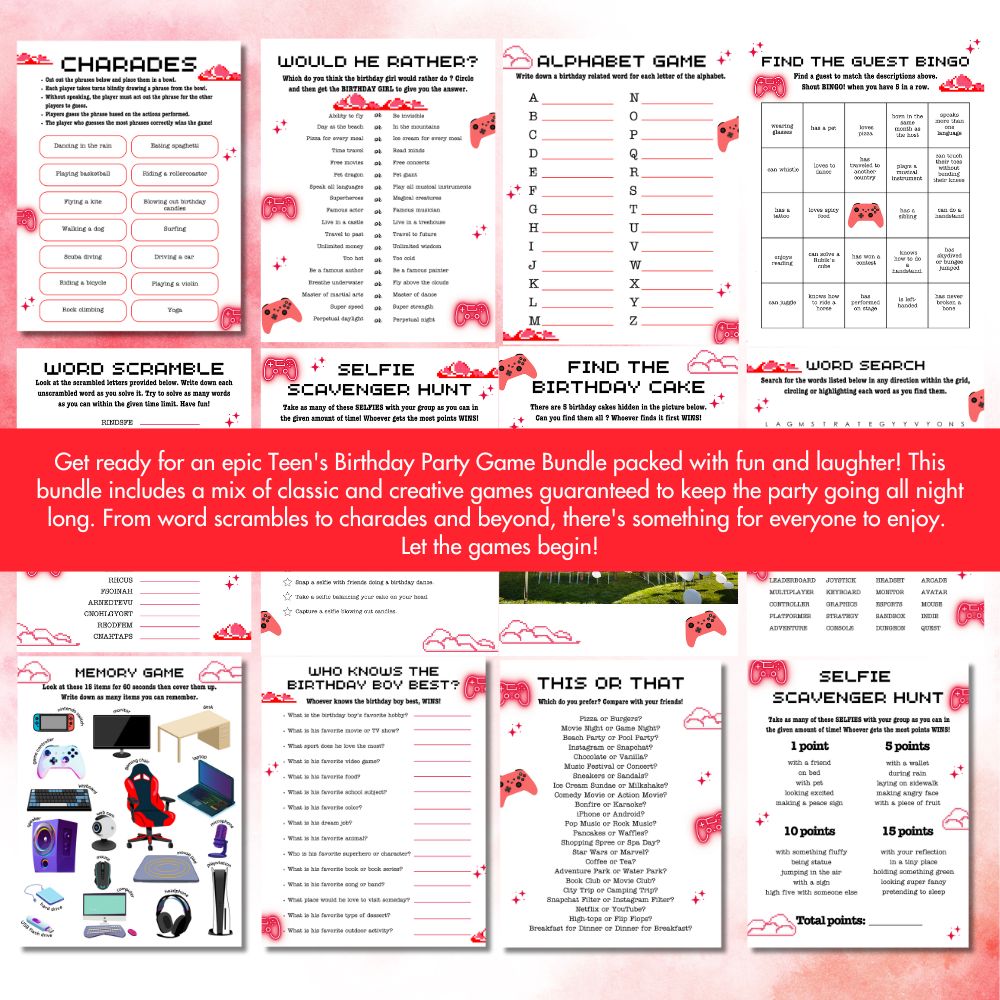 Teen Birthday Party Game Bundle – 23 Red Gamer Printables