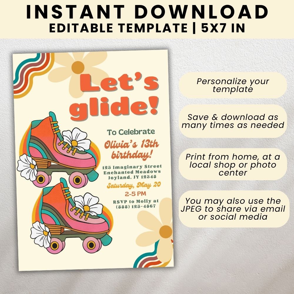 Girl Roller Skating Birthday Invitation Template