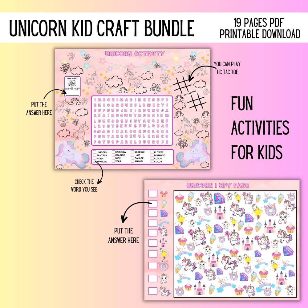 Unicorn Kids Craft Bundle – 19 Printable Pages