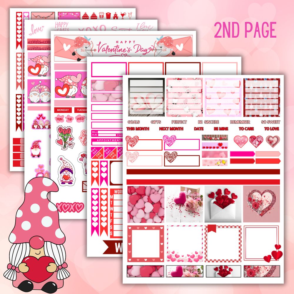 Valentine Gnome Planner Stickers – 5 Printable Pages