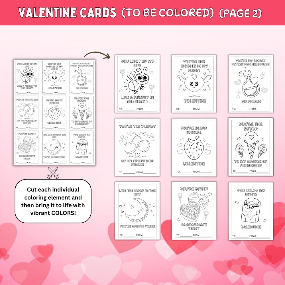 Valentine Cards to be Colored – 36 Printable Cards