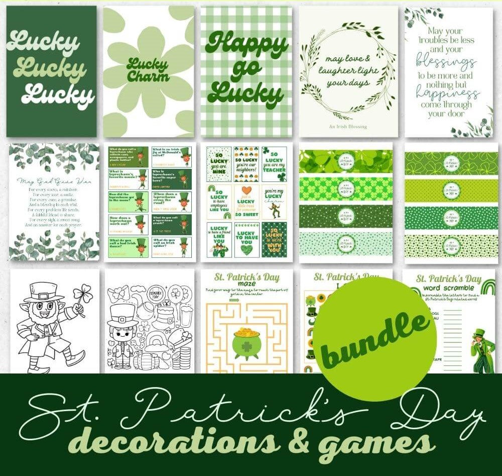 St. Patrick’s Day Decorations & Game Bundle – 27 Pages