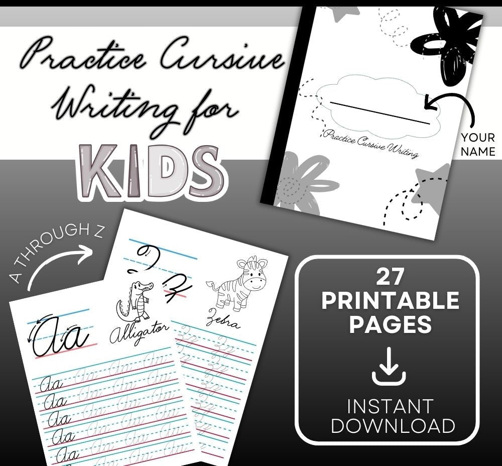 Cursive Writing Practice Worksheets for Kids – B&W