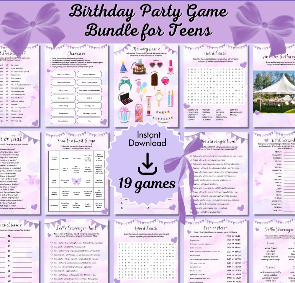 Purple Teen Birthday Party Game Bundle