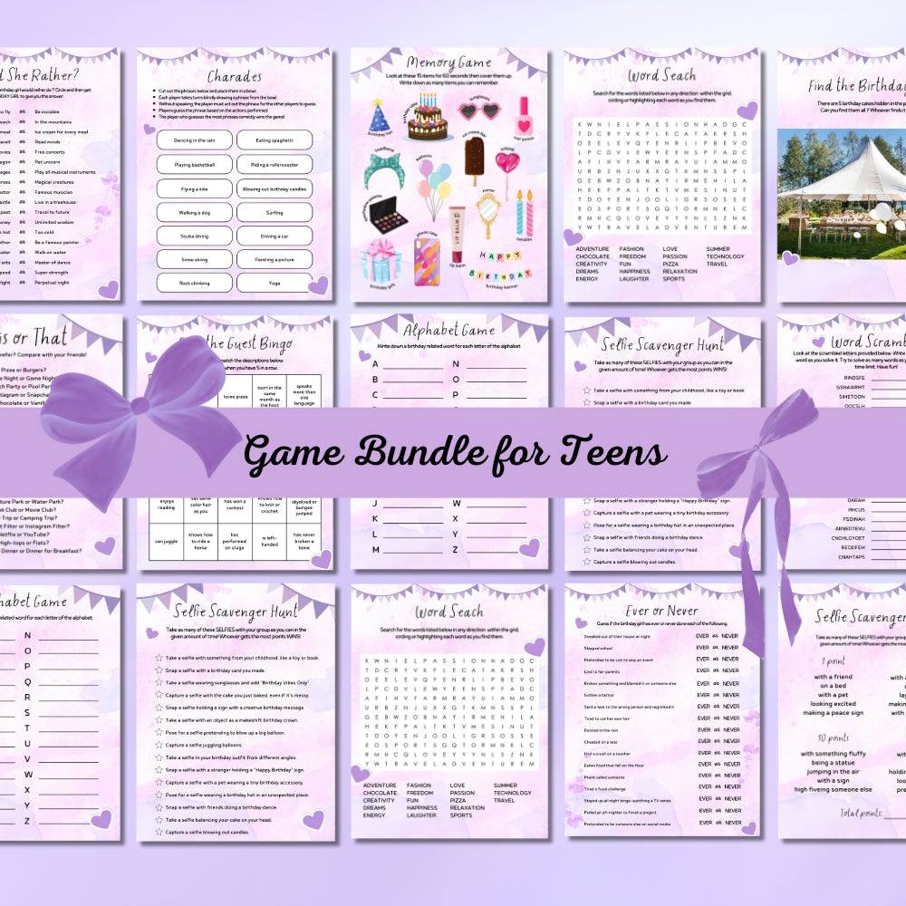 Purple Teen Birthday Party Game Bundle