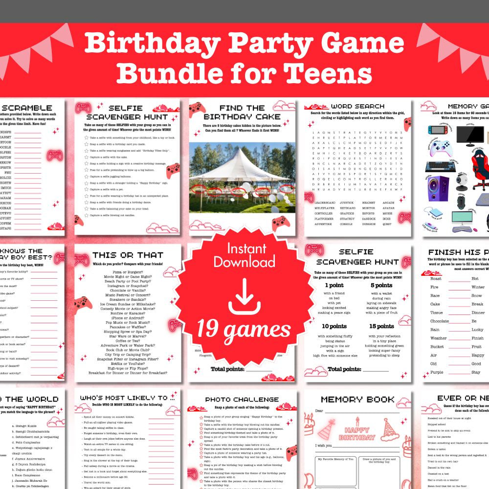 Teen Birthday Party Game Bundle – 23 Red Gamer Printables
