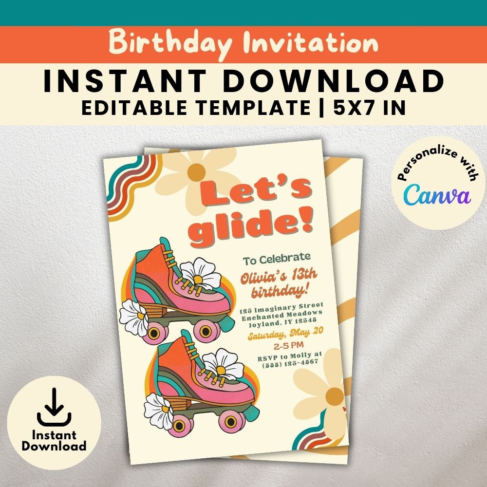 Girl Roller Skating Birthday Invitation Template