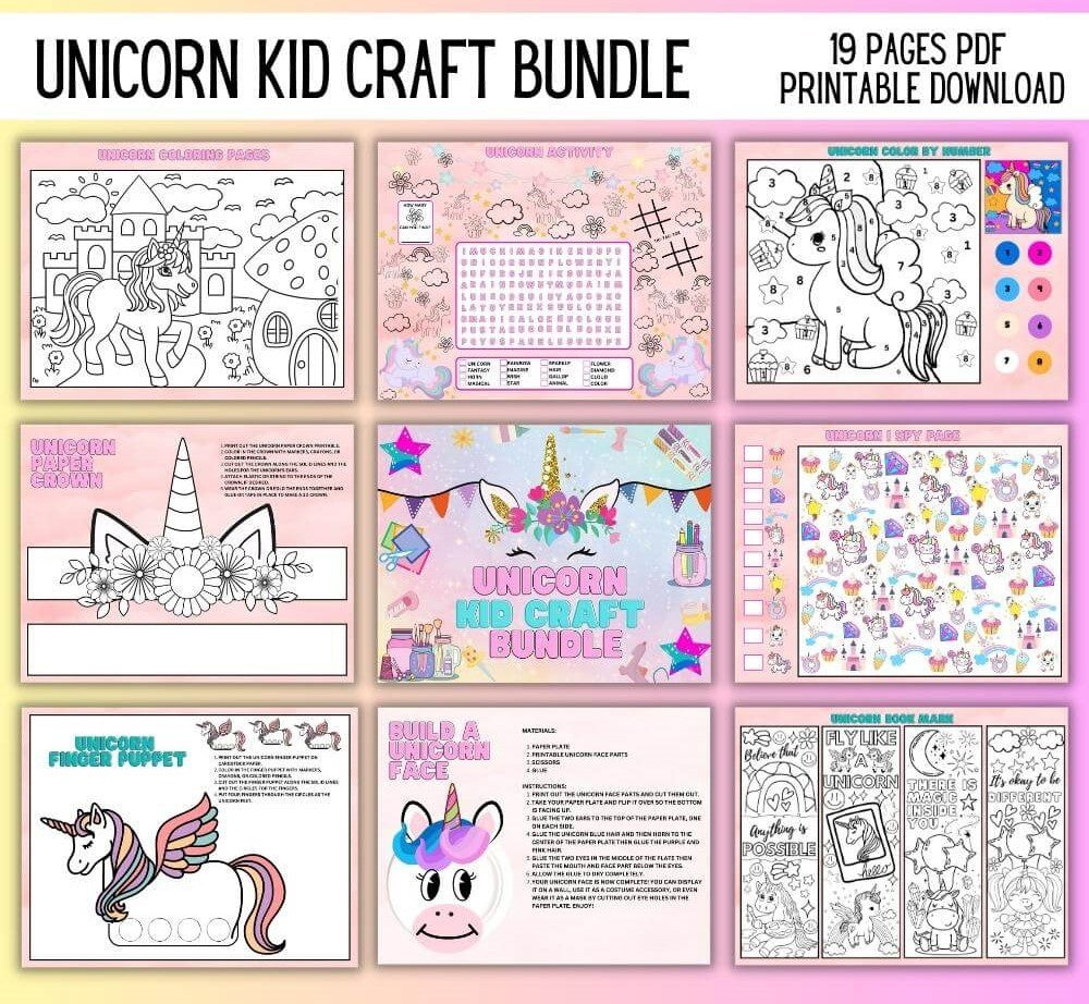 Unicorn Kids Craft Bundle – 19 Printable Pages