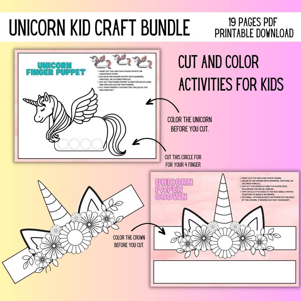 Unicorn Kids Craft Bundle – 19 Printable Pages