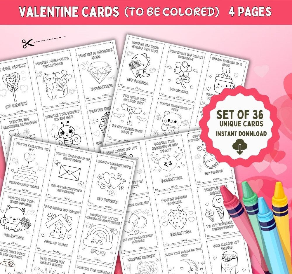 Valentine Cards to be Colored – 36 Printable Cards