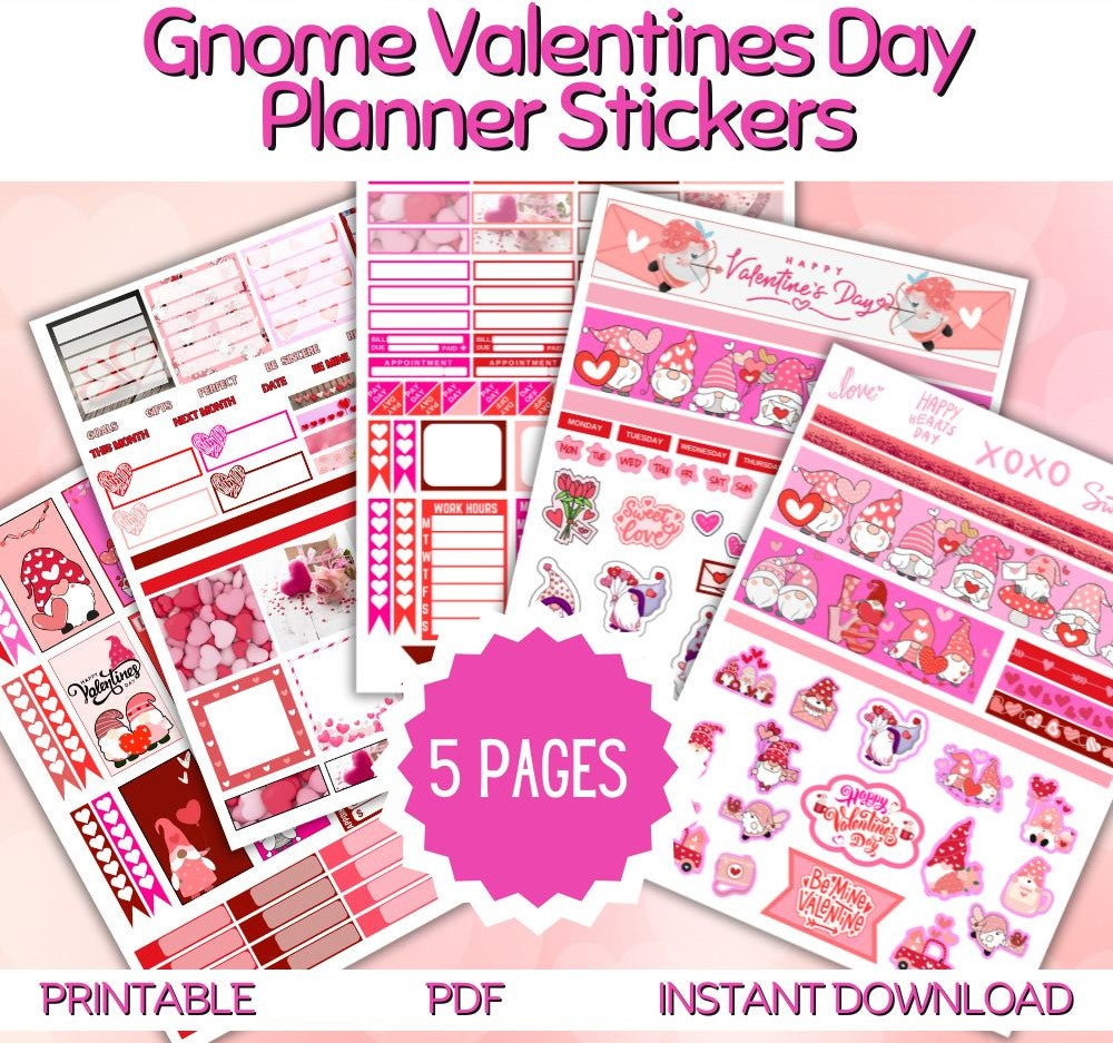 Valentine Gnome Planner Stickers – 5 Printable Pages