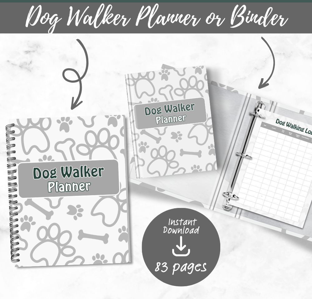 PLR Gray Dog Walker Planner | Editable Pet Care Organizer Templates