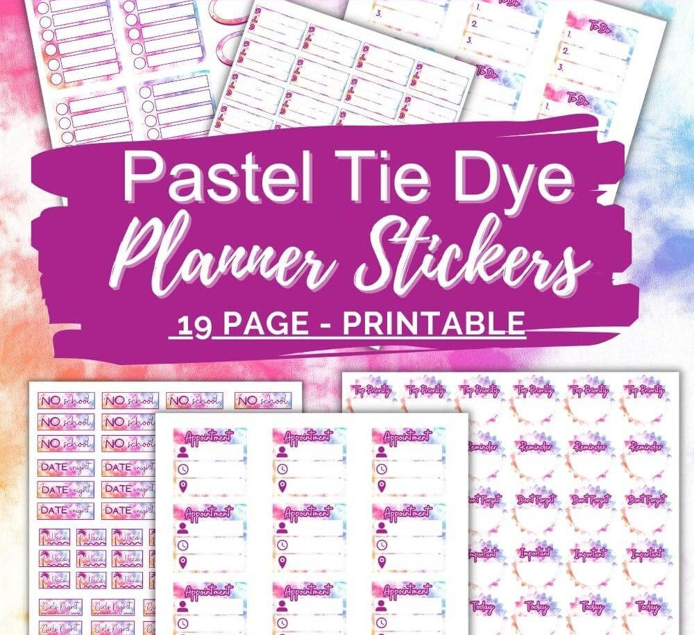 Pastel Tie Dye Planner Stickers – 19 Page Set