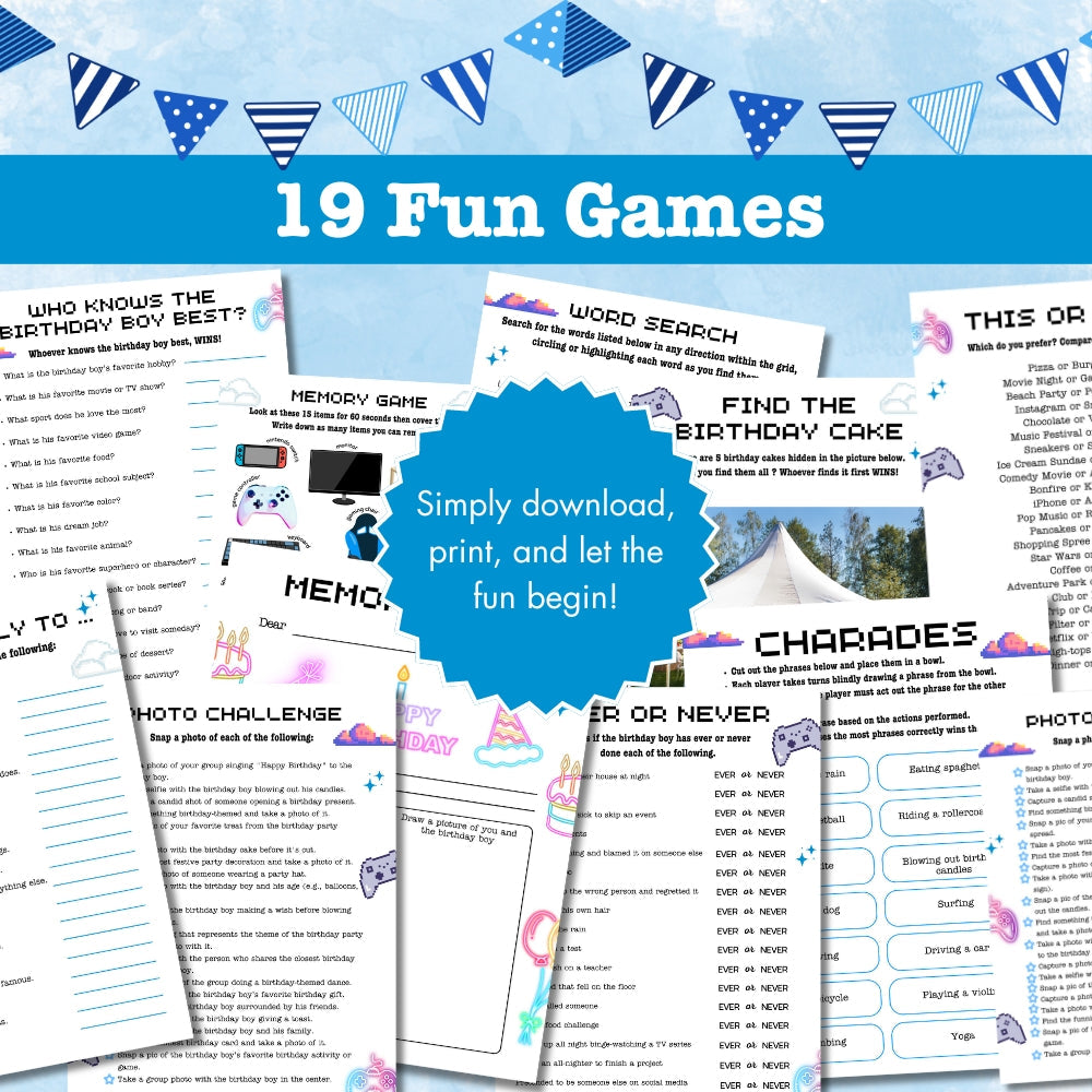 Blue Teen Birthday Party Game Bundle – Gamer Theme