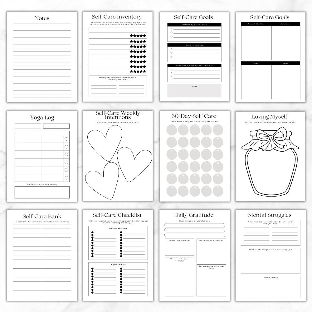 PLR Black and White Self-Care Worksheet Set | Journals for wellness | My Store