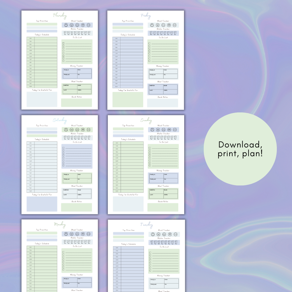 PLR Blue 7 Day Planner Pack | Editable Weekly Planner Templates