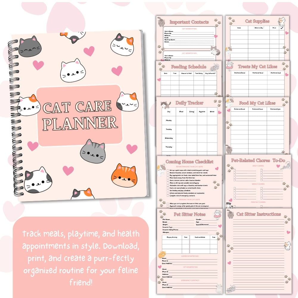 PLR Pink Cat Care Planner | Editable Pet Care Organizer Templates