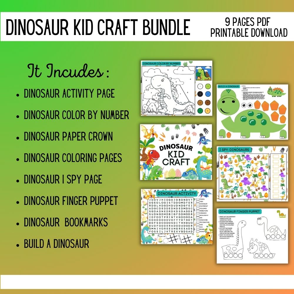 Dinosaur Kid Craft Bundle – 9 Fun Printable Activities
