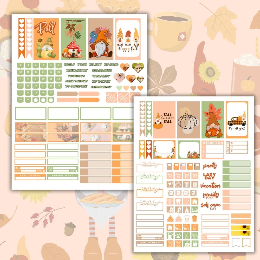 Fall Gnome Planner Stickers – 5 Printable Pages PDF