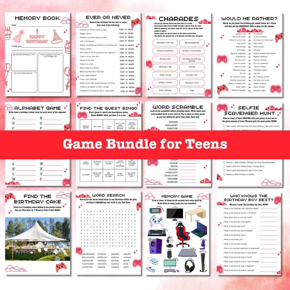 Teen Birthday Party Game Bundle – 23 Red Gamer Printables