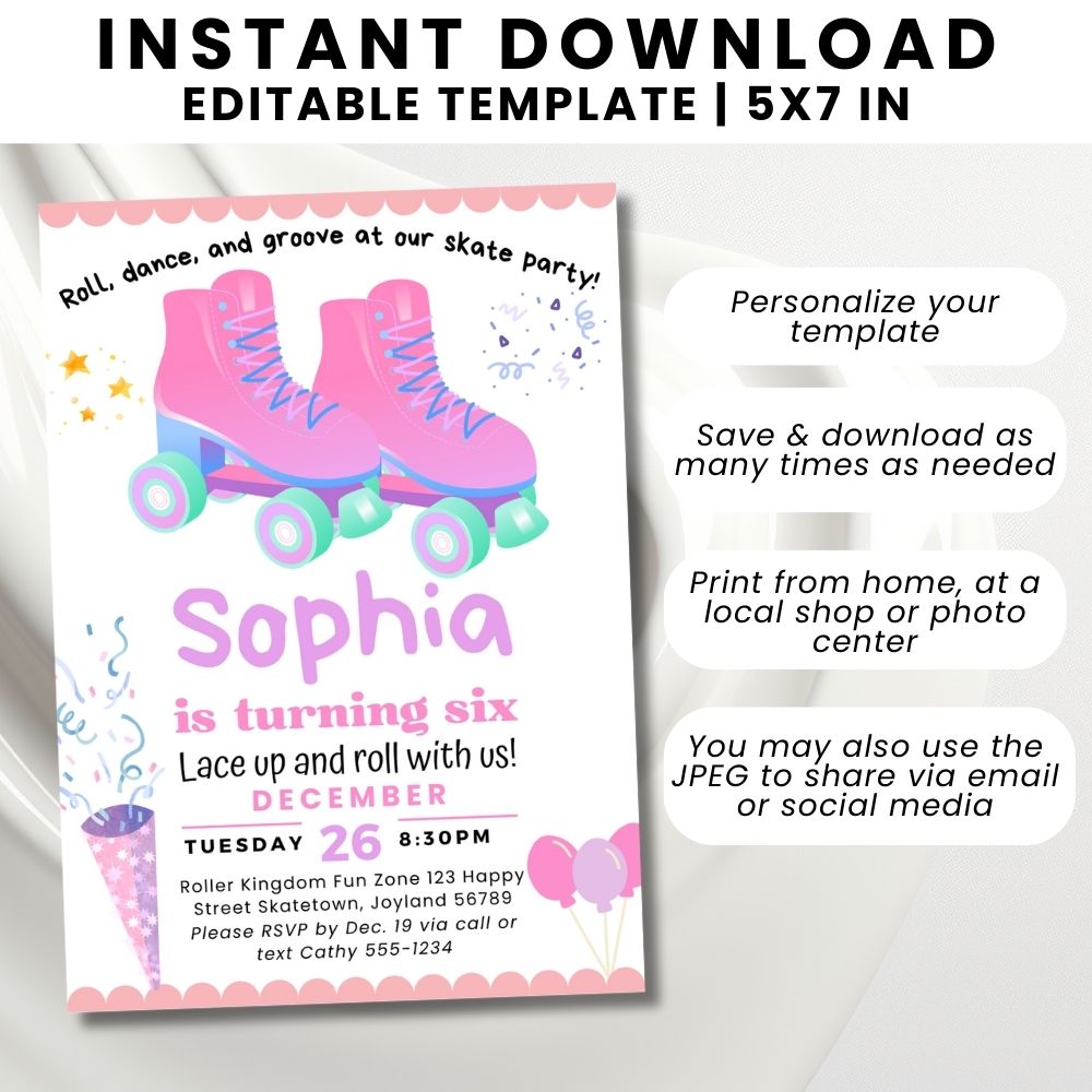 Pink Roller Skating Birthday Invitation Template