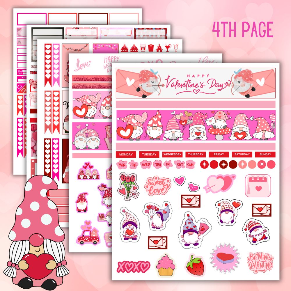 Valentine Gnome Planner Stickers – 5 Printable Pages