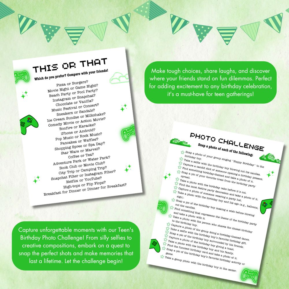 Teen Birthday Party Game Bundle – 23 Green Gamer Theme Printables