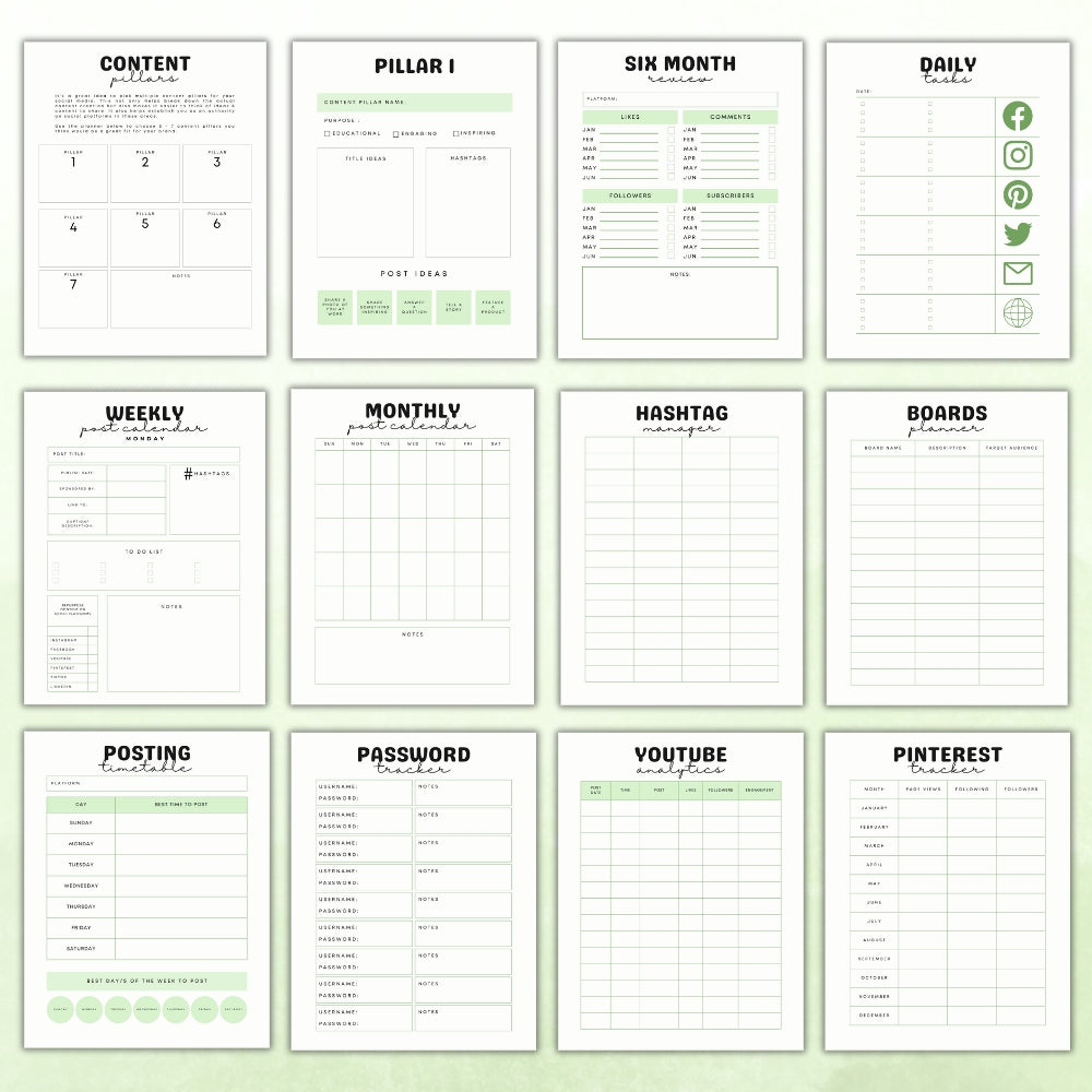 PLR Social Media Planner | Green Editable Marketing Templates