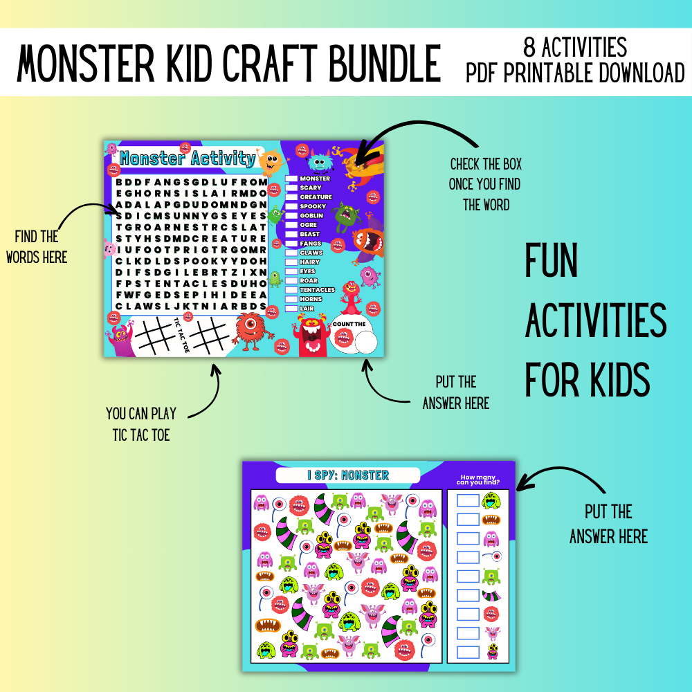 Printable Monsters Kid Craft Bundle – 8 Fun Activities