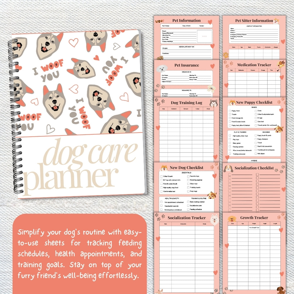 PLR Pink Dog Care Planner | Editable Pet Care Organizer Templates