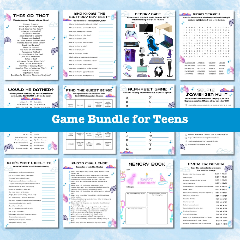 Blue Teen Birthday Party Game Bundle – Gamer Theme