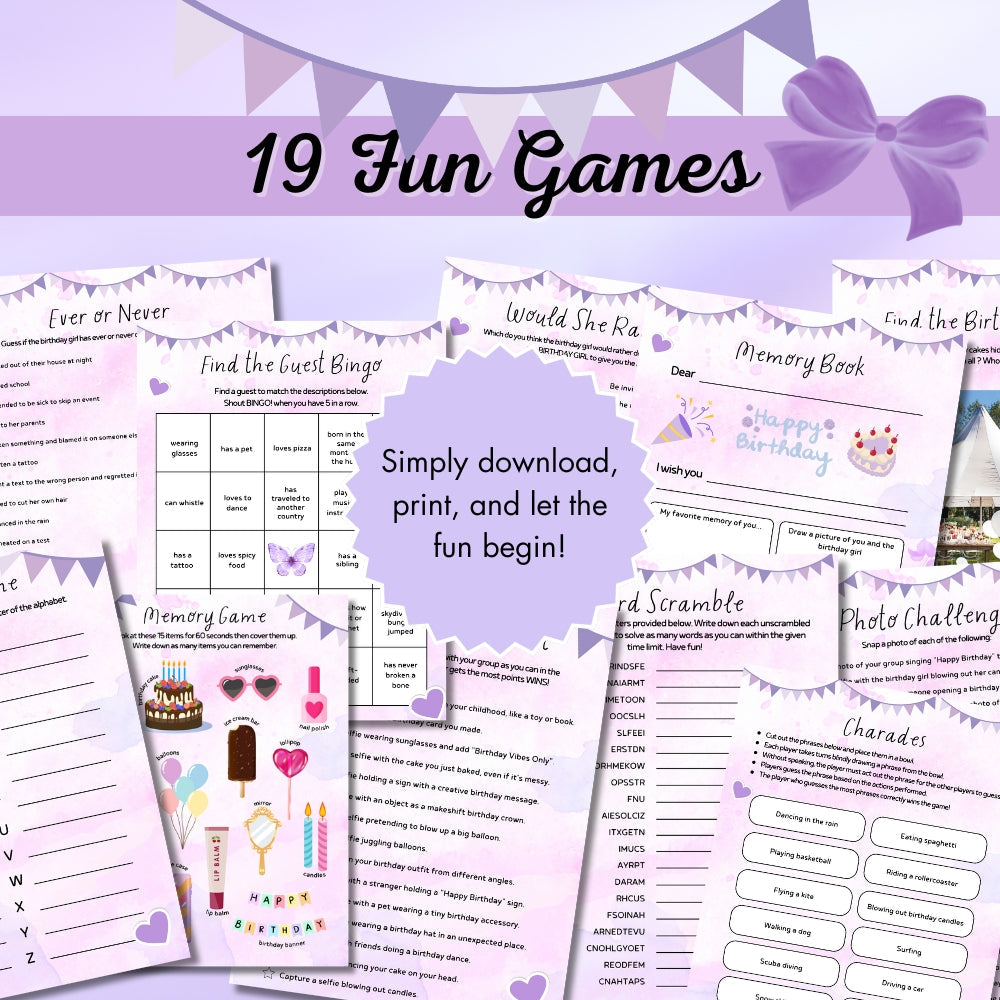 Purple Teen Birthday Party Game Bundle